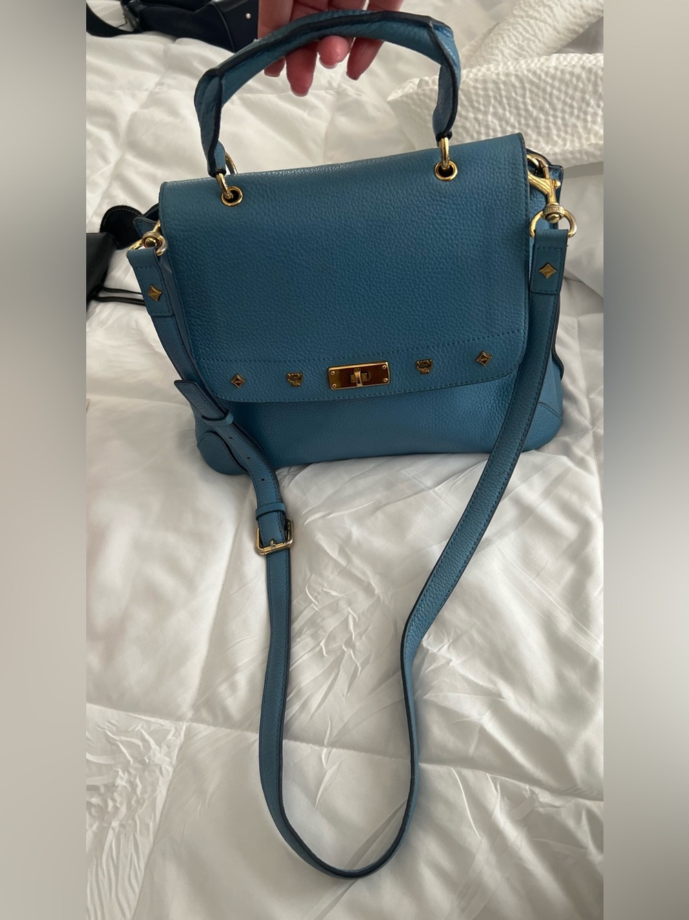 MCM Blue Leather Top-Handle Crossbody Bag